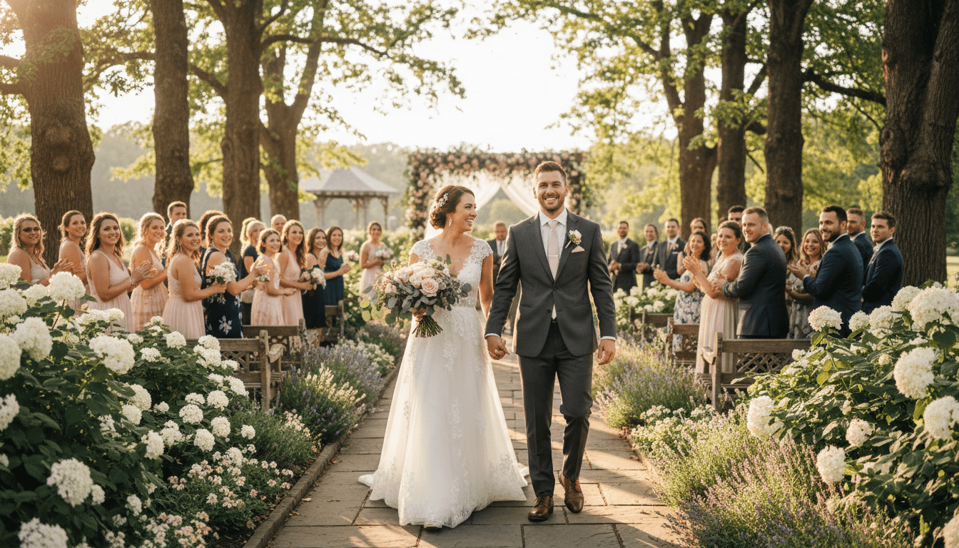 Bride and groom in elegant wedding attire walking through a beautifully decorated garden venue