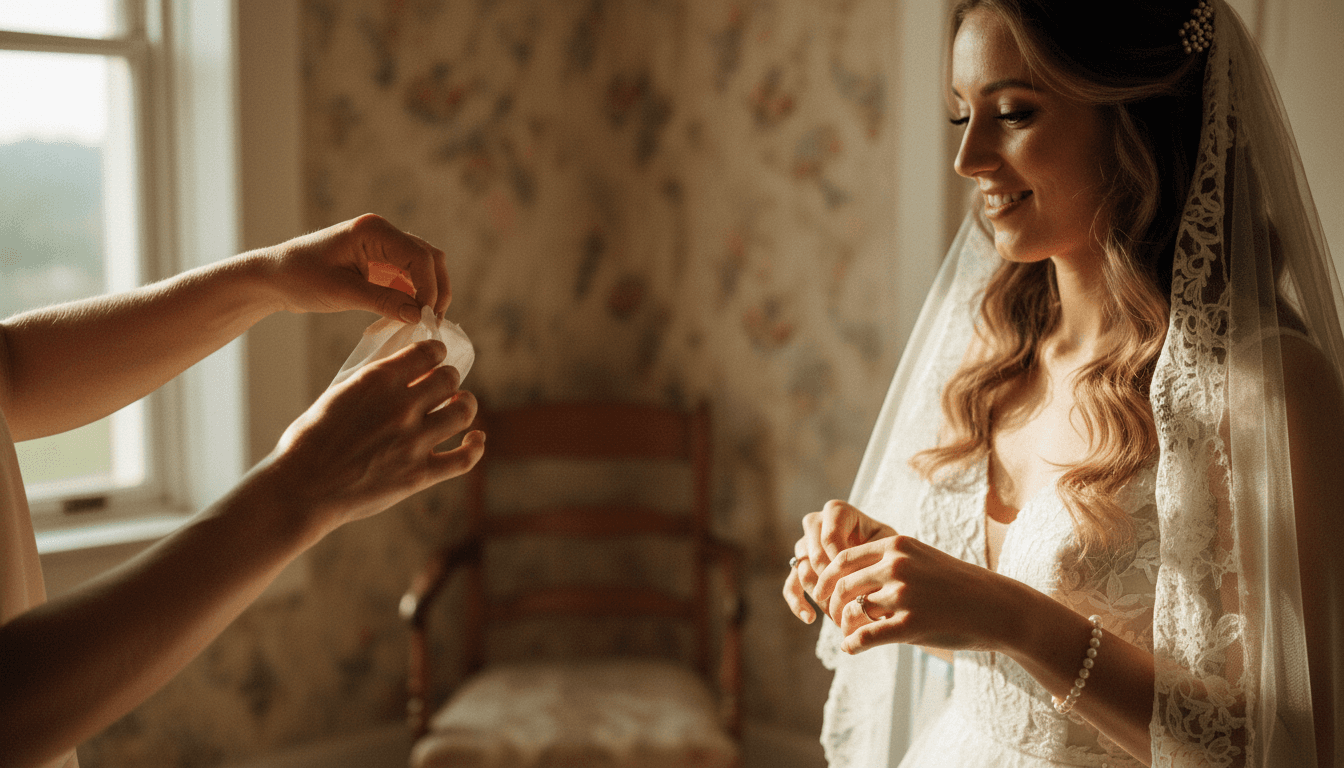 Coordinator adjusting bride's veil before ceremony in soft golden light