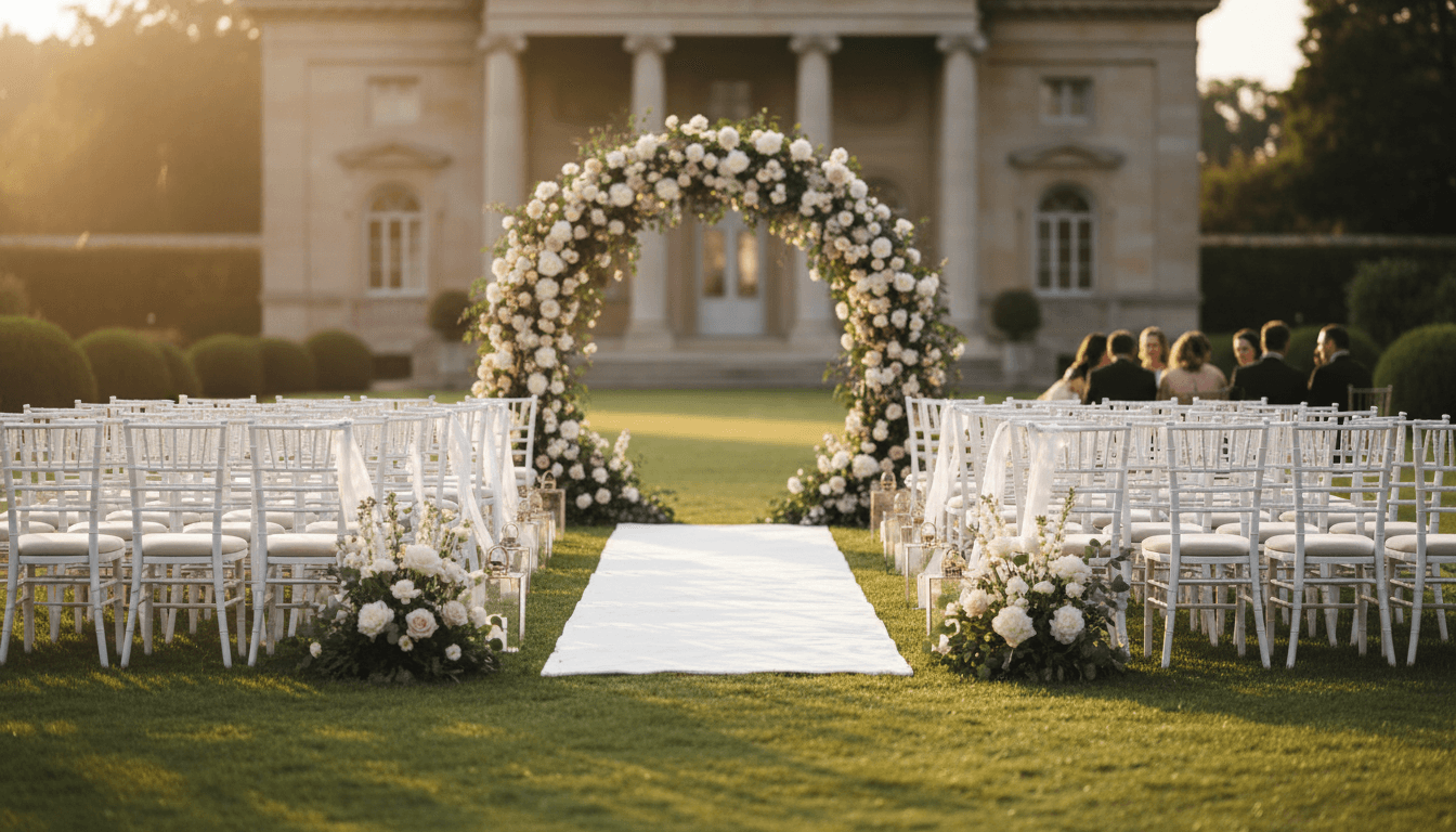 Bride and groom during wedding ceremony with elegant floral arch and natural lighting