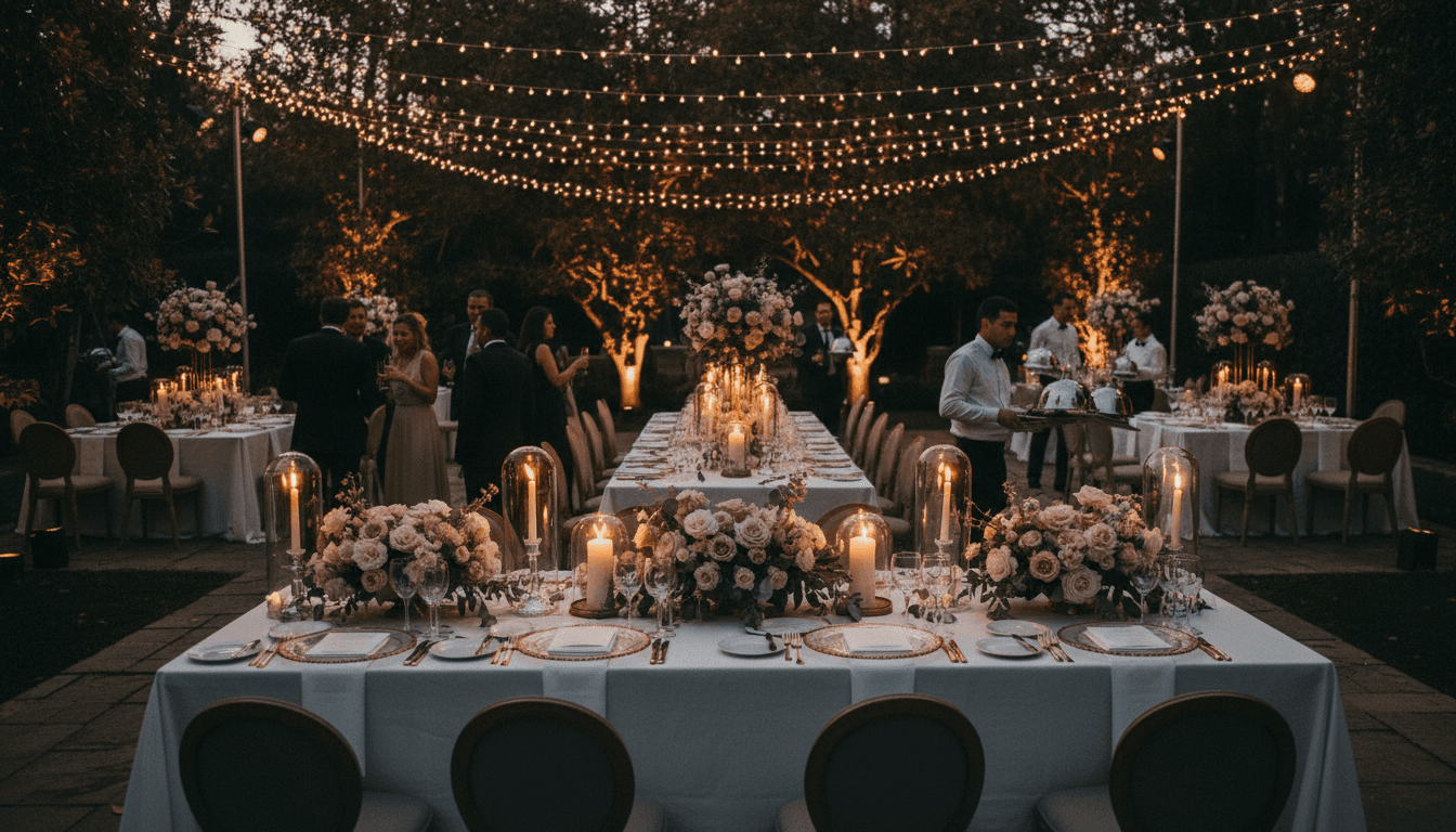 Elegant outdoor wedding reception with decorated tables, floral centerpieces, guests dining, and warm string lighting overhead