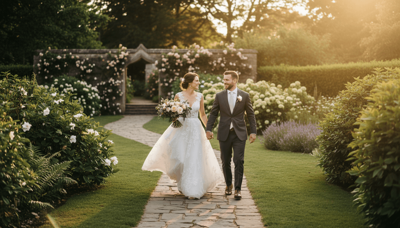 Bride and groom celebrating at their wedding reception with warm golden hour lighting