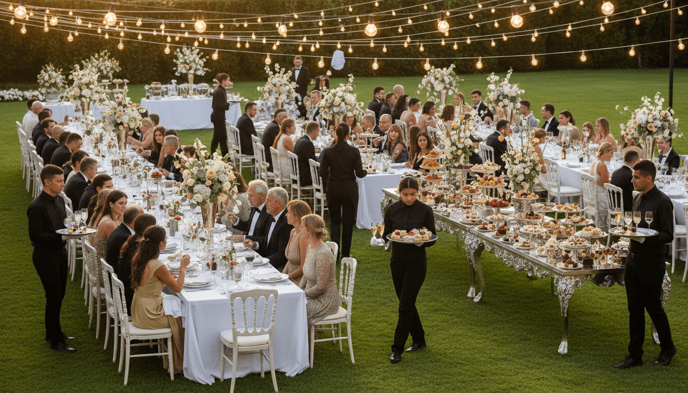Professional catering service team attending to guests at outdoor garden celebration with decorated tables and food displays