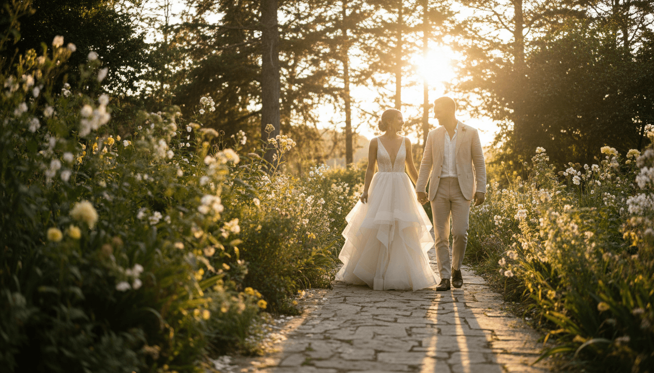 Bride and groom walking through sunlit garden pathway during golden hour with natural backlighting