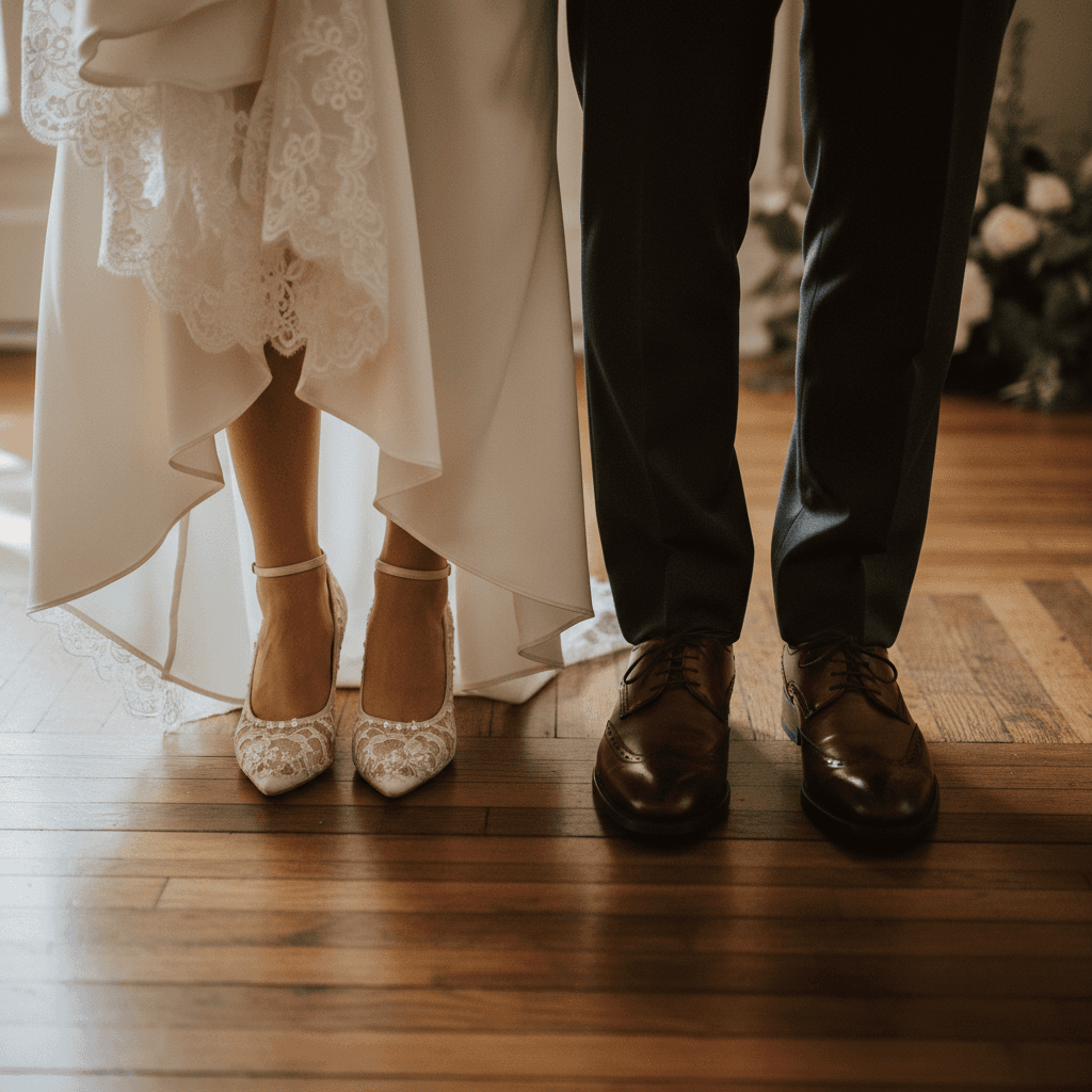 Close-up overhead view of bride's delicate heels and groom's dress shoes side by side on floor