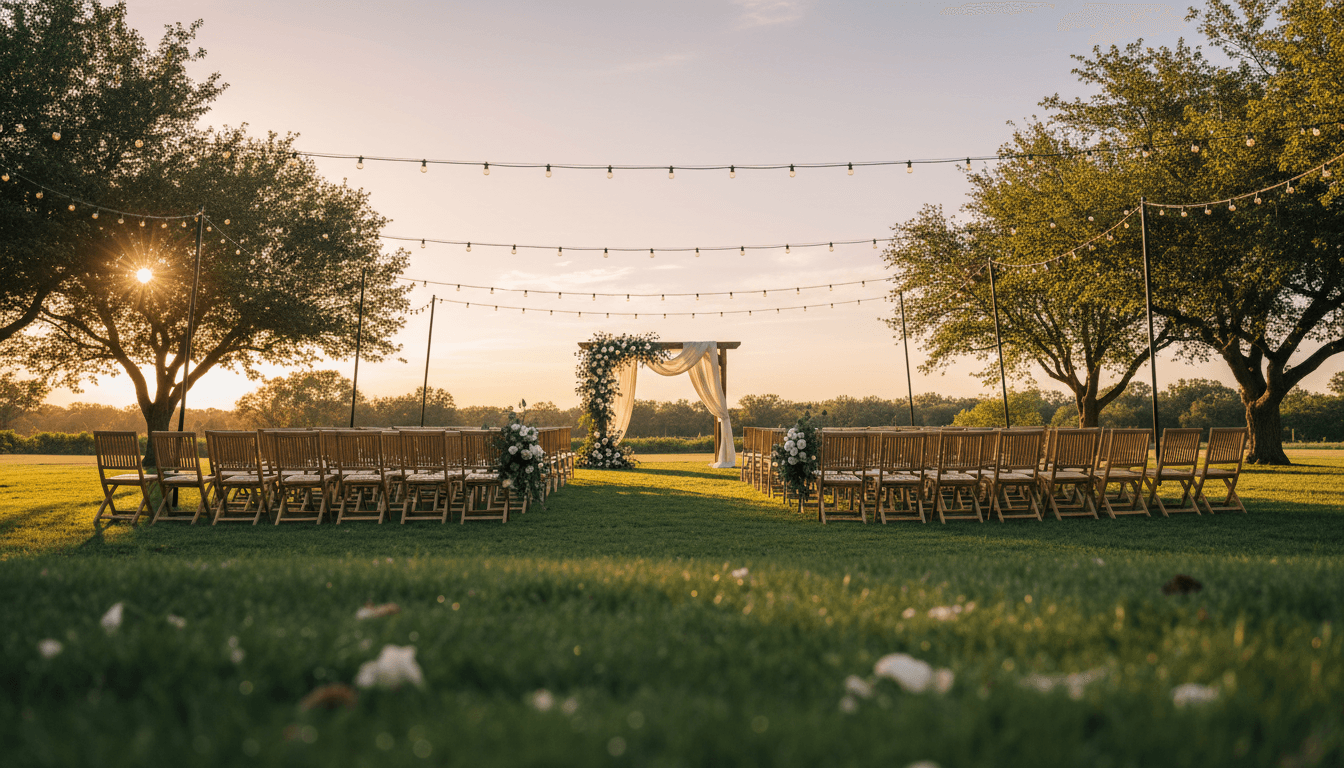 Expansive lawn venue with ceremony arch decorated in flowers and fabric, wooden chairs arranged in rows, string lights overhead at golden hour