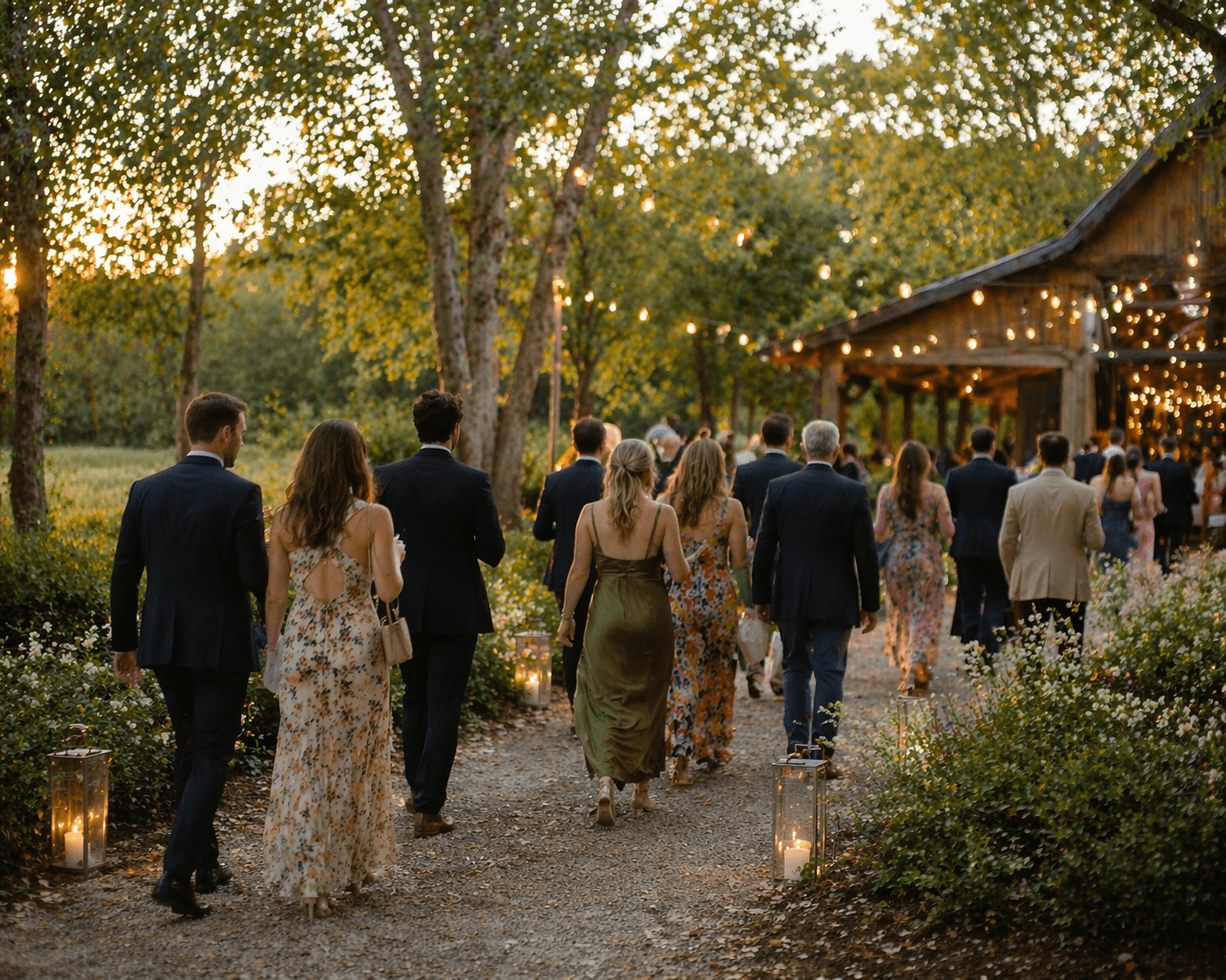 Guests in formal attire walk along a lantern-lit path toward a glowing rustic barn.
