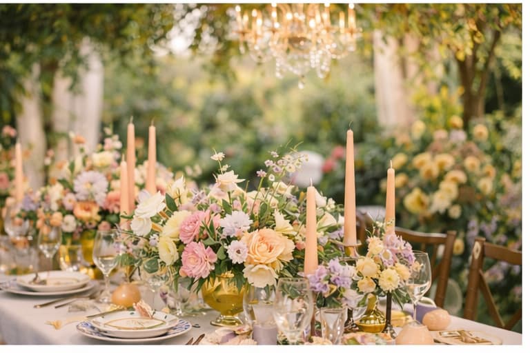 Elegant garden table setting with pastel floral centerpieces, peach candles, and a crystal chandelier.