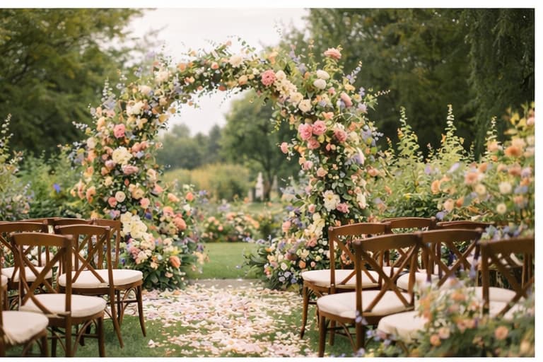 Outdoor wedding ceremony with a circular pastel floral arch, wooden chairs, and scattered flower petals.