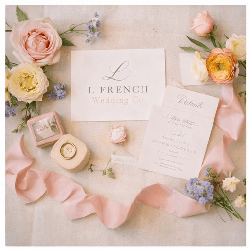 Elegant wedding flat lay with pink roses, silk ribbon, gold rings, and branded stationery.